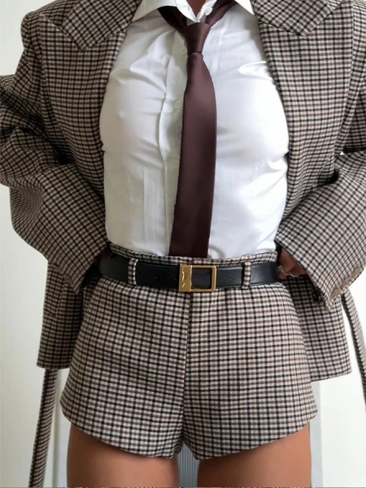 Women Full Sleeve Belted Buttons Pockets Blazer Suit