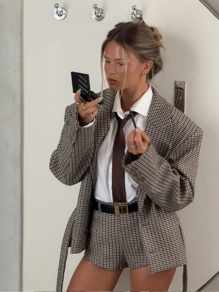 Women Full Sleeve Belted Buttons Pockets Blazer Suit