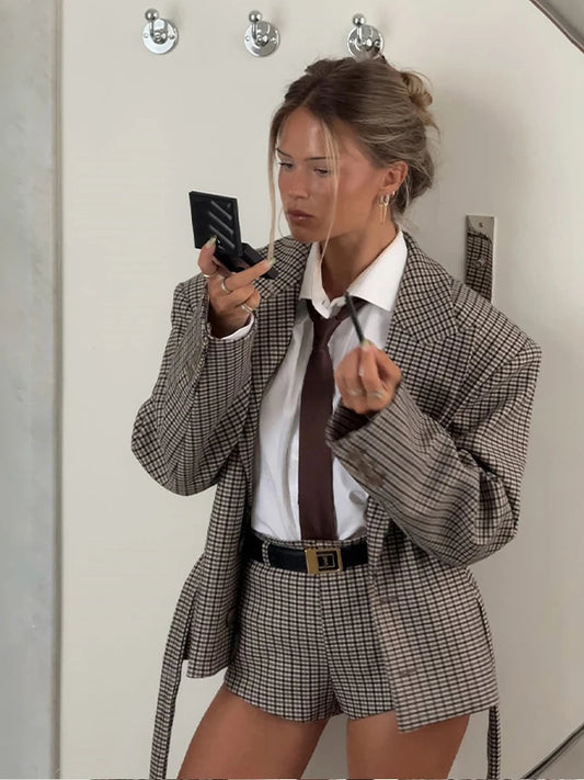 Women Full Sleeve Belted Buttons Pockets Blazer Suit